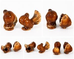 Vintage Ceramic Bird Figurines Pair Brown Drip Glaze Mid Century Pottery Decor